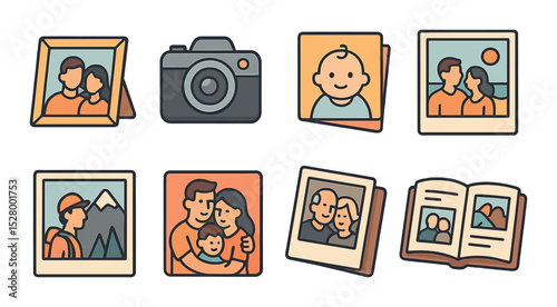 Family photo album isometric set. photo frame, camera icon, baby picture, beach photo, mountain trip, family hug pose, old photo, scrapbook