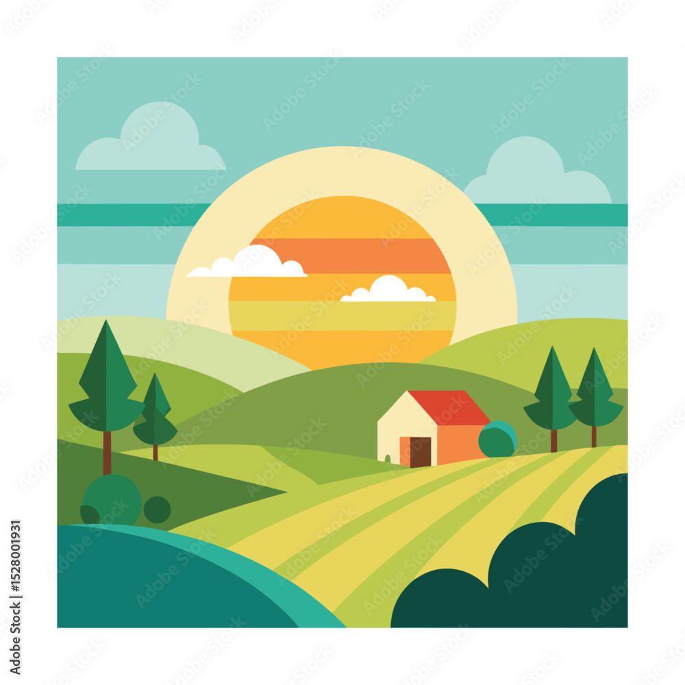 Fototapeta premium Flat Minimal Landscape with Sunrise, Hills, and Farmhouse