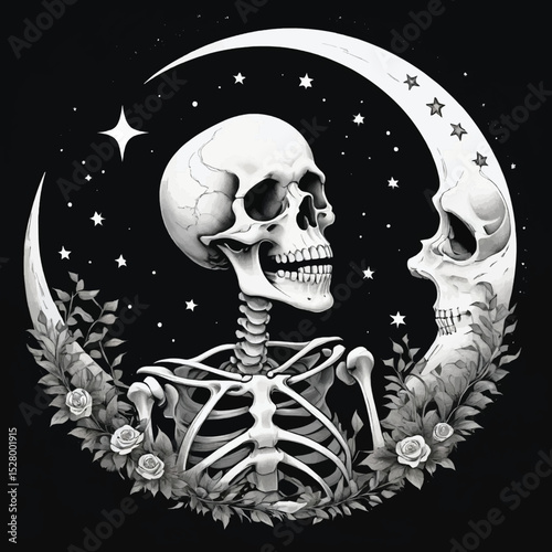 Midnight Thoughts: A Skeleton’s Solitude Under the Crescent Moon, Halloween T-shirt Vector Design on Skeleton’s