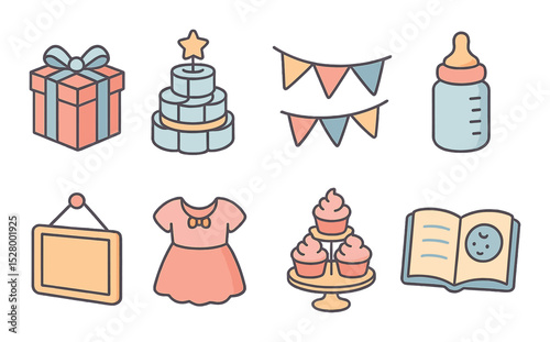 Baby shower icons isometric set. gift box, diaper cake, party decor, baby bottle, welcome sign, party dress, cupcake tower, baby book