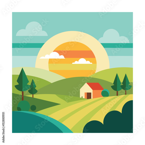 Flat Minimal Landscape with Sunrise, Hills, and Farmhouse

