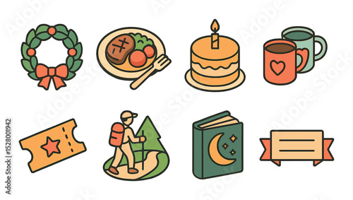 Family traditions isometric set. holiday wreath, home-cooked meal, birthday cake, matching mugs, movie night ticket, weekend hike icon, bedtime storybook.