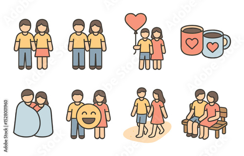 Couple symbols isometric set. hand-in-hand, matching outfits, heart balloon, couple mugs, shared blanket, laugh emoji, walk on beach, cozy bench