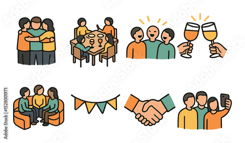 Family and friends gathering isometric set. group hug, dinner table, shared laughter, clinking glasses, couch circle, party banner, handshake, group selfie