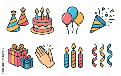 Celebrating together isometric set. party hats, birthday cake, balloons, confetti popper, gifts, clapping hands, candles, streamers