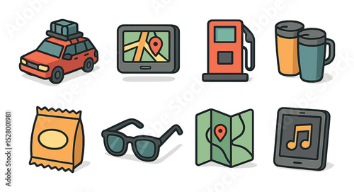 Road trip essentials isometric set. packed car, GPS device, gas station icon, travel mugs, snacks bag, sunglasses, road map, family playlist