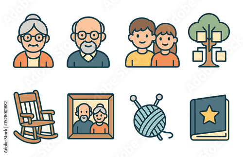 Multigenerational family isometric set. grandma icon, grandpa icon, grandchildren, family tree chart, rocking chair, framed photo, knitting yarn.