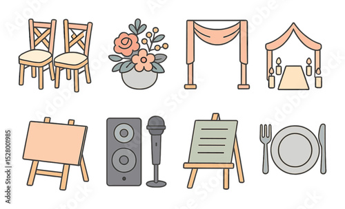 Wedding venue setup isometric set. decorated chairs, floral centerpiece, draped ceiling, candle aisle, welcome sign, sound system, seating sign, tableware