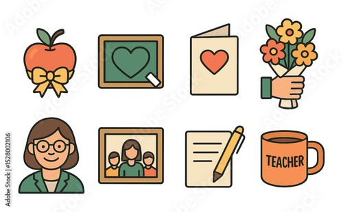 Teacher appreciation isometric set. apple with ribbon, chalkboard heart, thank-you card, bouquet in hand, smiling teacher face, class photo frame, note
