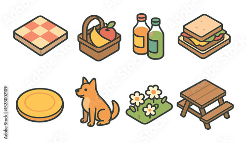 Family picnic isometric set. picnic blanket, fruit basket, juice bottles, sandwiches, frisbee, family dog, flower field, picnic table