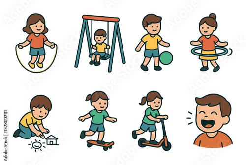 Children playing isometric set. jump rope, swing set, ball, hula hoop, slide, chalk drawing, scooter, laughing child
