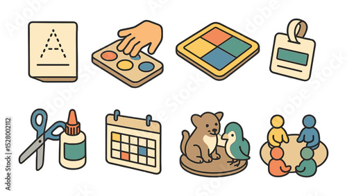 Kindergarten activities isometric set. letter tracing sheet, finger paint, story rug, name tag, scissors and glue, calendar chart, classroom pet, sharing