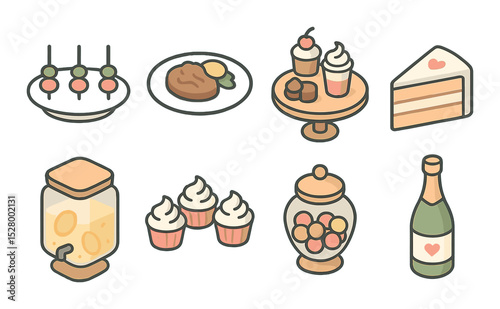 Wedding food isometric set. hors d'oeuvres tray, plated meal, dessert table, wedding cake slice, drink dispenser, cupcakes, candy jar, champagne bottle