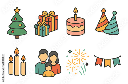 Holiday celebration isometric set. Christmas tree, gift boxes, birthday cake, party hats, candles, family gathering, fireworks, holiday banner