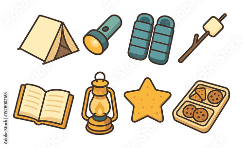 Camping at home isometric set. indoor tent, flashlight, sleeping bags, marshmallow stick, storybook, lantern, star pillow, snack tray