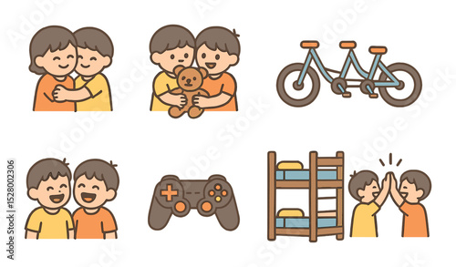 Sibling love isometric set. two kids hugging, shared toy, tandem bike, matching shirts, sibling laughter, game controller duo, bunk bed, team high five