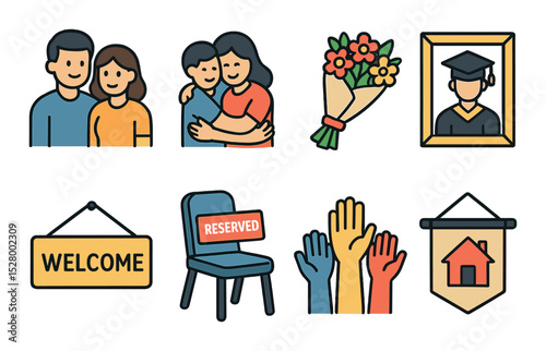 Family support 2025 isometric set. proud parents, family hug, bouquet of flowers, framed grad photo, welcome sign, reserved seat, cheering hands, home