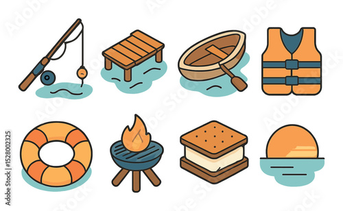 Lakeside weekend isometric set. fishing rod, dock, rowboat, life jackets, floating ring, campfire grill, s'mores, sunset icon