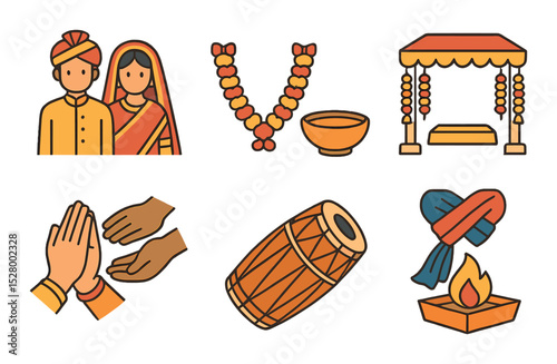 Cultural wedding isometric set. traditional attire, ceremonial garland, symbolic bowl, decorated canopy, family blessing hands, cultural drum, unity fabric