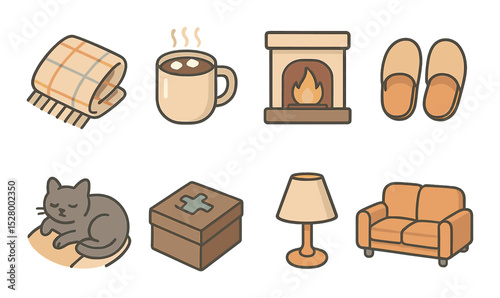 Cozy moments isometric set. warm blanket, hot cocoa, fireplace, slippers, cat on lap, puzzle box, gentle lamp, comfy sofa