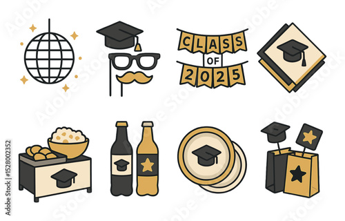 Graduation party items isometric set. disco ball, photo booth props, "Class of 2025" banner, themed napkins, snacks table, soda bottles, paper plates.