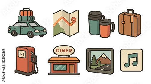 Road trip adventure isometric set. packed car, road map, travel mugs, suitcase, gas pump, roadside diner, car window view, playlist icon