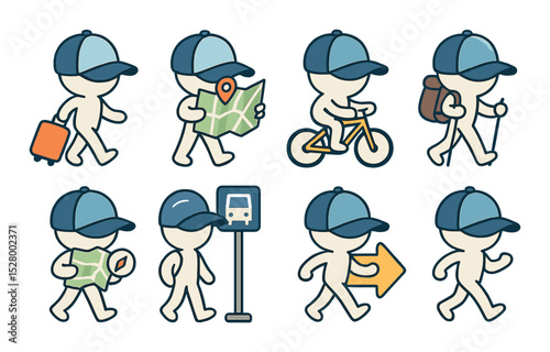 Cap in journey mode isometric set. cap with suitcase, cap with roadmap, cap on bicycle, cap hiking, cap with map and compass, cap at bus stop, cap with “Go
