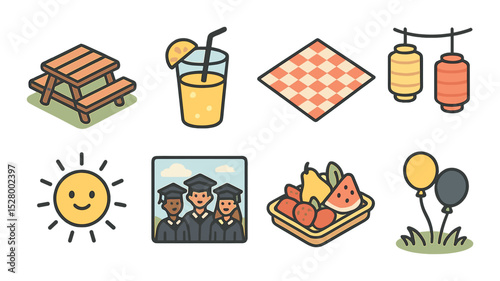 Graduation picnic celebration isometric set. outdoor table, lemonade cup, picnic blanket, paper lanterns, sun with smile, group photo in nature, fruit tray
