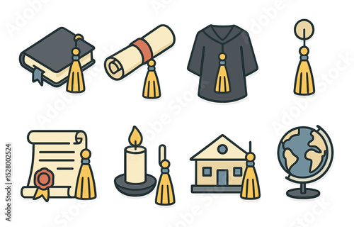 Traditional tassel symbols isometric set. tassel on book, tassel on diploma roll, tassel on academic robe, tassel hanging from wall hook, tassel near