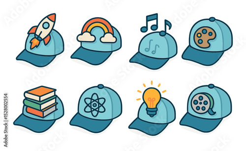 Creative themed caps isometric set. cap with rocket, cap with rainbow, cap with music notes, cap with art palette, cap with books, cap with science symbol.