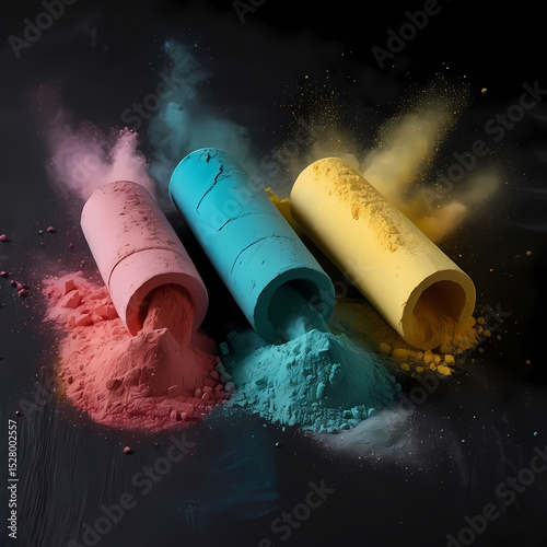 Close Up of Colorful Chalk Sticks and Powder on Dark Background  