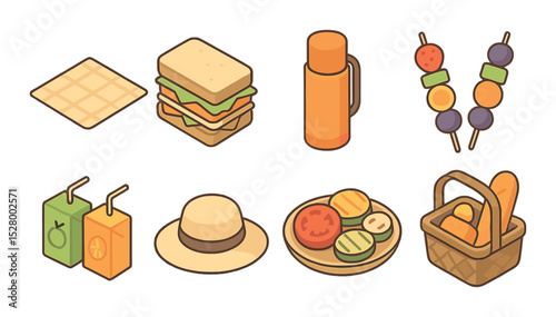 Outdoor family lunch isometric set. picnic blanket, sandwich stack, thermos, fruit skewers, juice boxes, sunhat, grilled veggies, basket with snacks