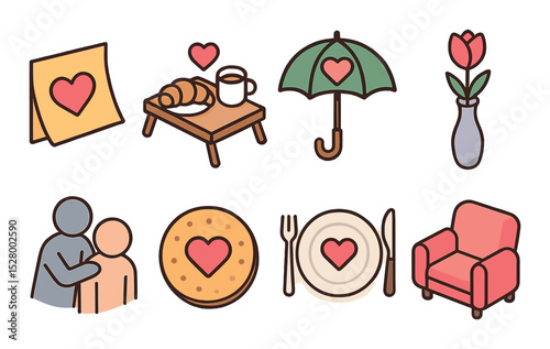 Everyday love gestures isometric set. sticky note heart, breakfast in bed tray, shared umbrella, flower in vase, back rub icon, thank-you cookie, dinner