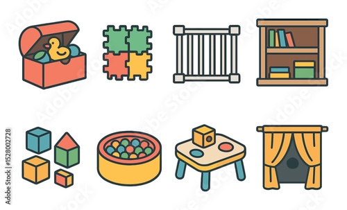 Playroom setup isometric set. toy chest, foam tiles, baby gate, book shelf, colorful blocks, ball pit, learning table, peekaboo curtain