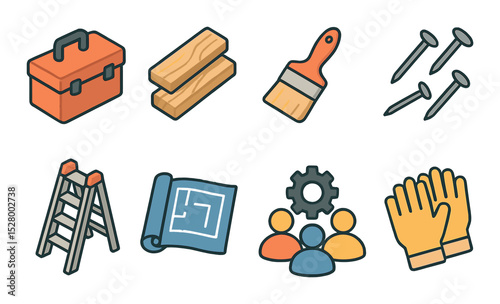 DIY family project isometric set. tool box, wood planks, paintbrush, nails, ladder, blueprint, teamwork icon, construction gloves