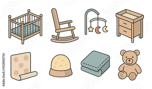 Nursery planning isometric set. baby crib, rocking chair, mobile, changing table, nursery wallpaper, night light, baby blanket, stuffed animal