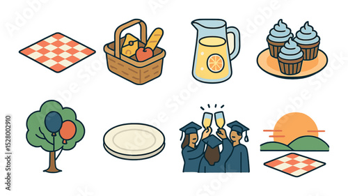 Graduation picnic isometric set. picnic blanket, basket with snacks, lemonade, cupcakes, balloons tied to tree, paper plates, group cheers, sunset scene