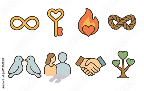 Marriage symbolism isometric set. infinity loop, heart key, flame of love, bond rope, dove pair, couple shadow, trust handshake, growing tree