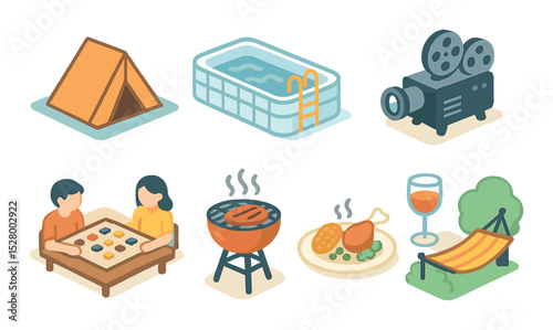 Staycation ideas isometric set. home tent, backyard pool, movie projector, family game, barbecue grill, photo album, themed dinner, garden hammock
