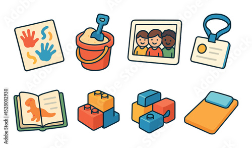 Preschool memories isometric set. finger painting, sandbox toy, group photo, name tag, storybook, building blocks, lunchbox, nap mat