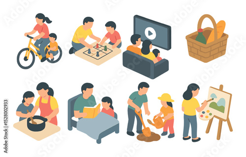 Family activities isometric set. bike ride, board game, movie night, picnic basket, cooking together, bedtime story, gardening, painting