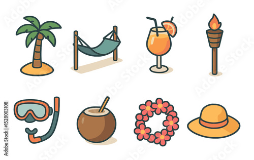 Tropical island escape isometric set. palm tree, hammock, tropical drink, family snorkeling gear, tiki torch, coconut, flower lei, sunhat