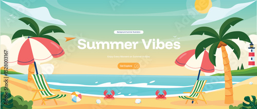 Summer Beach Scene – Flat Vector Background with Palm Tree, Lounge Chair, Ocean and Beach Ball