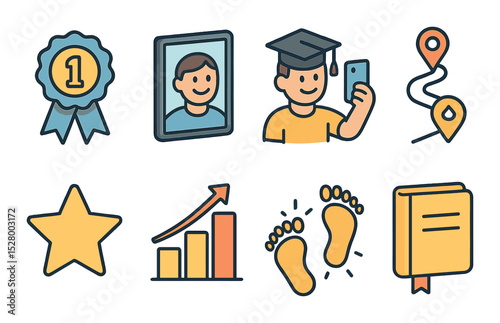 Personal achievement moments isometric set. personal best badge, mirror smile, selfie with cap, path marker, personal record star, goal chart, diary with
