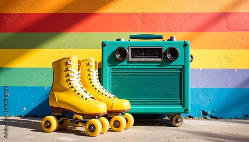 Bright yellow roller skates resting beside a turquoise boom box, set against a faded rainbow wall with soft sunset shadows