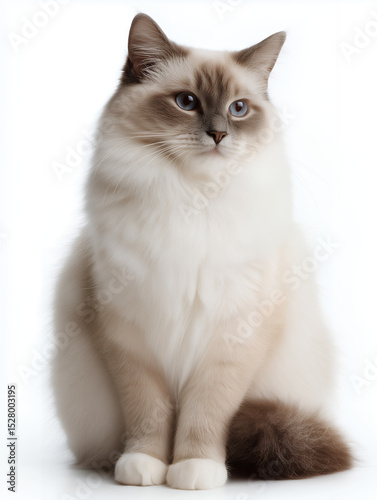 Fluffy Ragdoll Cat Sitting On White Background