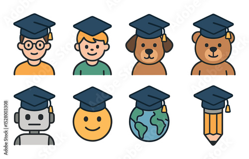 Cap on different characters isometric set. cap on student, cap on child, cap on pet, cap on teddy bear, cap on robot, cap on emoji face, cap on globe, cap