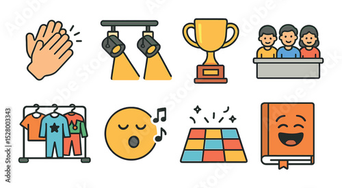 Mini talent show isometric set. clapping hands, stage lights, trophy icon, family judge panel, costume rack, singing emoji, dance floor, joke book
