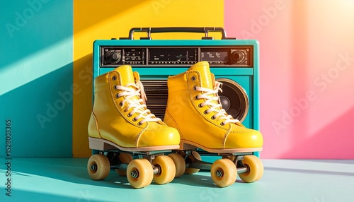 Bright yellow roller skates resting beside a turquoise boom box, set against a faded rainbow wall with soft sunset shadows