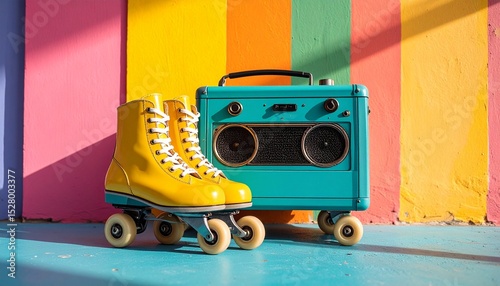 Bright yellow roller skates resting beside a turquoise boom box, set against a faded rainbow wall with soft sunset shadows